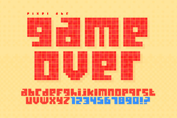 Fototapeta na wymiar Pixel vector alphabet design, stylized like in 8-bit games