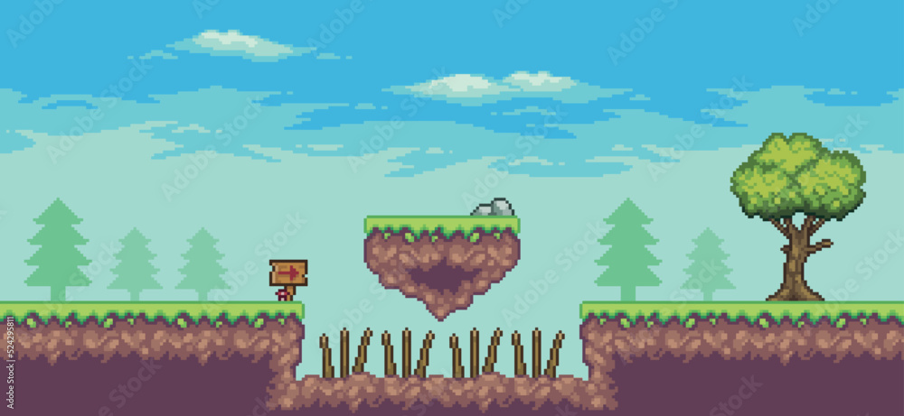 Poster pixel art arcade game scene with tree, floating island, trap, board and clouds 8 bit vector backgrou