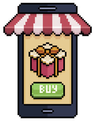 Pixel art gift shop on mobile. Cell phone with shop awning vector icon for 8bit game on white background