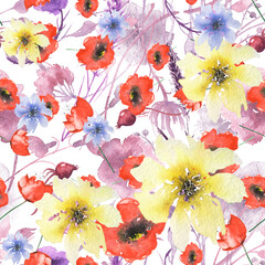 Watercolor seamless pattern, background with a floral pattern. aster, poppy, cornflower,pansies, viola, field or garden flowers. Wild plant, grass. Autumn pattern.provance lavender