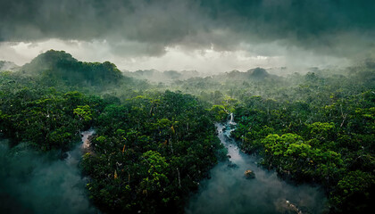 drone shot, lush green rainforest jungle background, green foliage,  misty mountains, foggy ground, 3d render, 3d illustration