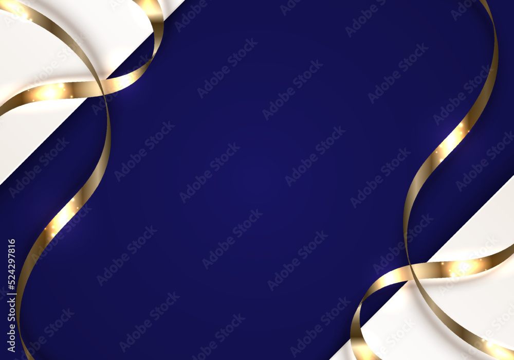 Wall mural 3D modern luxury template design white stripes with golden ribbon curly and lighting on blue background