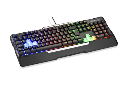 Three quarter view of modern black computer gamer keyboard with colorful lights, isolated on white