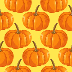 Bright pattern of cartoon pumpkins on a yellow background for print and design. Vector illustration.