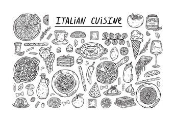 Vector set of hand-drawn illustrations of Italian cuisine.