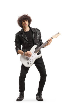 Full length shot of a man in a black leather jacket playing an electric guitar