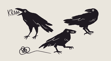 Obraz premium Set of black Raven or Crow birds. Different poses. Cartoon style, flat design. Halloween, horror concept. Hand drawn trendy Vector illustration. Every bird is isolated