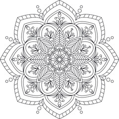 Circular hand drawn mandala. Coloring book page. Colorless vector pattern isolated on a white background.