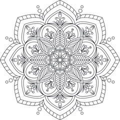 Circular hand drawn mandala. Coloring book page. Colorless vector pattern isolated on a white background.