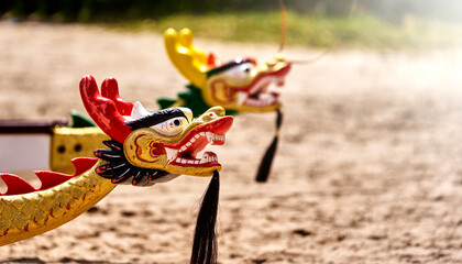 Black, red and gold painted wooden dragon head with chin beard on the bow of a dragon boat,...