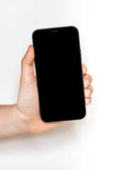 cell phone in hand with white background