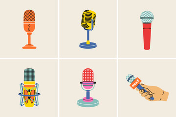 Microphone clip art set in modern flat line style. Hand drawn vector illustration of mouthpiece, transmitter, mike, karaoke, studio misc, mic. Music sound vintage equipment, retro elements, icons.