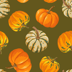 Pumpkin pattern on khaki background in cartoon style for print and design. Vector illustration.