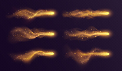 Golden light trail, magic stardust with haze and sparkles, realistic fireball. Fantasy game vfx effect, spell blast in motion isolated on dark background. Vector illustration. - obrazy, fototapety, plakaty