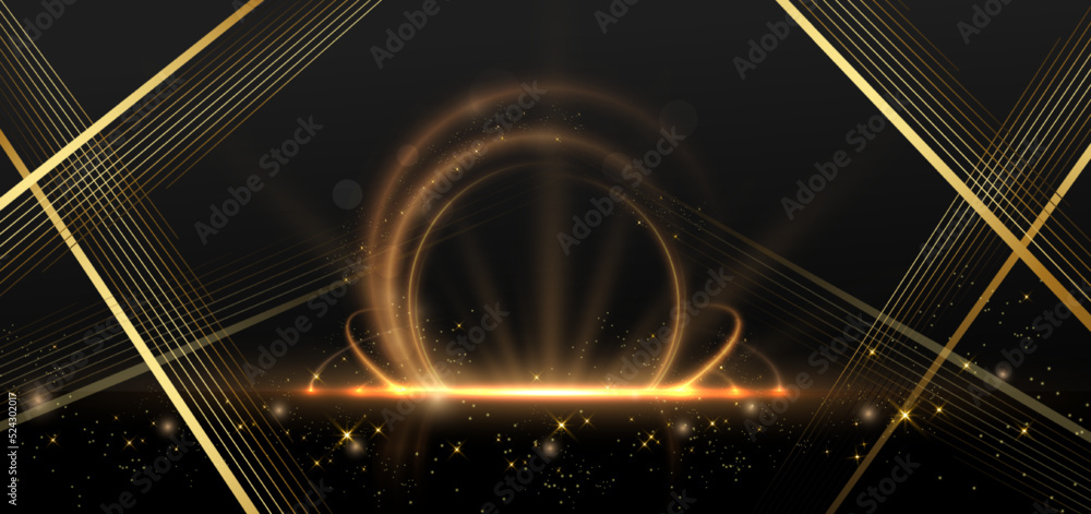 Poster abstract elegant golden circle with lighting effect diagonal scene sparkle on black background. temp