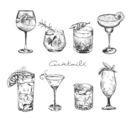 Foto op Plexiglas Hand drawn cocktail. Alcoholic drinks in glasses. Sketch juice, margarita martini. Cocktail with rum, gin whiskey vector set. © Jackson Cadillac