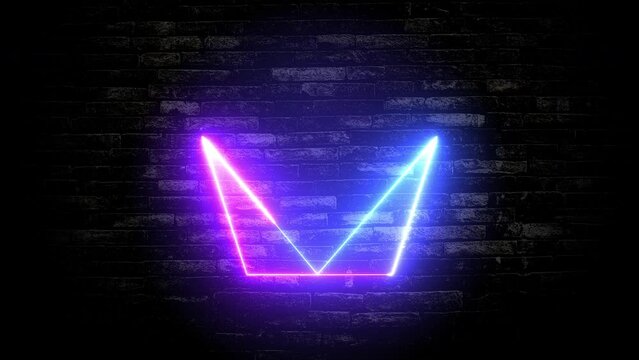 loop animation cool cycle crown shaped, brick wall background luminous electronic futuristic colourful spinning neon sign abstract graphic effect, geometry glow internet data.