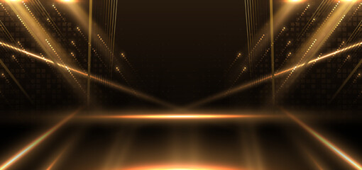 Abstract elegant gold glowing with lighting effect sparkle on black background. Template premium award design.