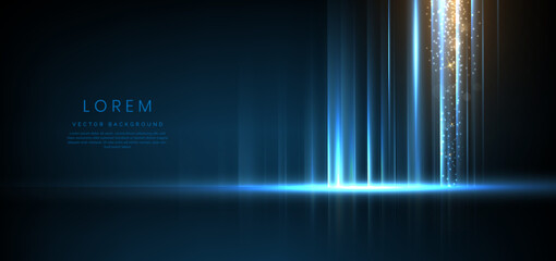 Abstract technology futuristic light blue stripe vertical lines light on blue background with gold lighting effect sparkle.