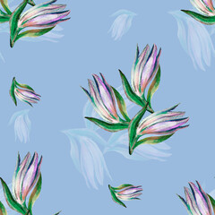 Seamless pattern with branch flowers lily on blue background.