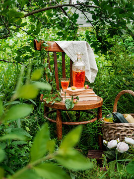 Outdoor picnic in the forest. There is a decanter with orange compote on the books on the chair. Around foliage, greenery. Lazy photo. Wicker basket with a crop of zucchini. Flowers. Rustic style in n