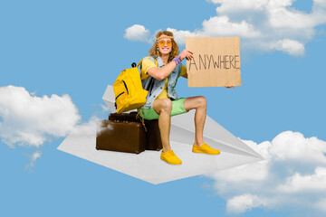 Photo sketch graphics artwork picture of happy smiling guy ready flying anywhere isolated drawing background
