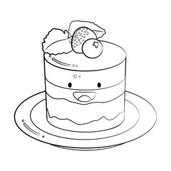 Outline style cute cake with berries  vector icon isolated on white background. Cartoon Sticker. Kawaii smiling food illustration. Flat cartoon outline style. Coloring page. 