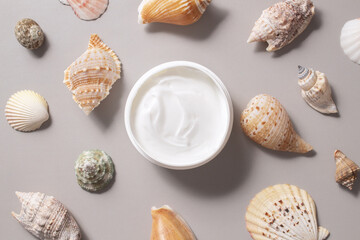 Container with bodycare and skincare cream on a grey background with seashell, summer skincare, soothing cream for face and body