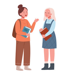 Two stylish girlfriends, schoolgirls are talking.Back to school concept. Hand drawn flat vector illustration isolated on white background.