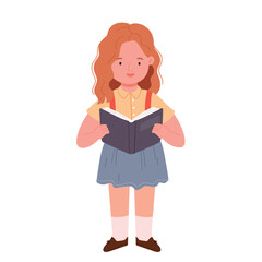 A schoolgirl is reading in modern clothes with a full-length backpack. Back to school concept. Hand drawn flat vector illustration isolated on white background.