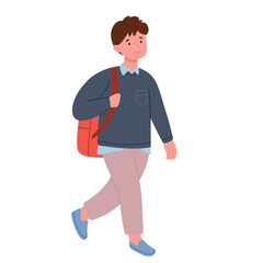 Schoolboy in modern clothes with backpack in full growth.Back to school concept.Hand drawn flat vector illustration isolated on white background.