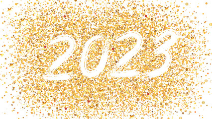 Brush numbers 2023 for the New Year. White numbers on a gold base. Template for postcards, prints, invitations, labels. Vector