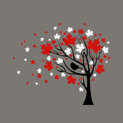 Silhouette autumn tree with  bird