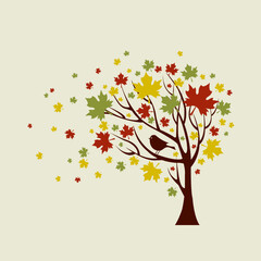 Autumn Tree With Falling Leaves and Bird. 