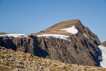 View of Mount Albert Edward on Vancouver Island, British Columbia, Canada under sunny blue sky
