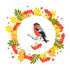 Greeting card with autumn leaves, berries and bird. Bullfinch on a background with rowan berries.