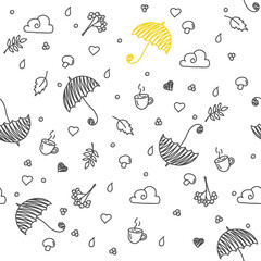 Seamless pattern with umbrellas, clouds and leaves. Fabric background for kids clothing and paper products. 