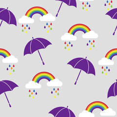 Vector illustration. Seamless pattern with umbrellas, clouds and colorful rainbows for kids holidays, textiles, interior design, book design.