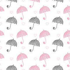 Seamless pattern with umbrellas and hearts. Fabric background for kids clothing and paper products. 