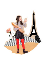 Collage artwork graphics picture of happy smiling lady visiting enjoying france isolated painting...