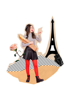 Collage artwork graphics picture of happy smiling lady visiting enjoying france isolated painting background