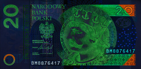 Obverse of 20 polish zloty banknote for design purpose. Inversion
