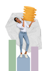 Creative abstract template graphics image of happy smiling lady guy rising coins stack isolated drawing background