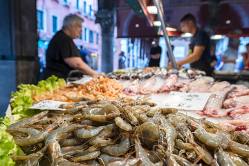 Fresh shrimps on venetian Rialto fish market, Venice, Italy 