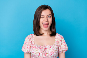 Photo of young adorable pretty nice woman blink eye smiling beaming flirty coquette tricky look you...