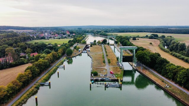 One of the locks "Schleuse Dorsten," of Wesel-Datteln Canal in Germany, a drone view