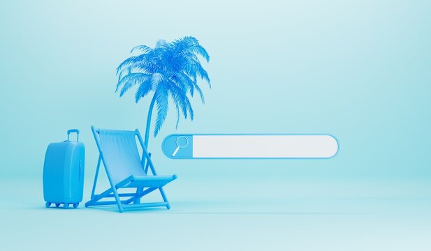 Online summer holiday search bar with deckchair, palm tree and suitcase. 3D Rendering