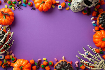 Fototapeta premium Halloween concept. Top view photo of pumpkins skull skeleton hands candies eyes spiders and centipedes on isolated violet background with copyspace in the middle
