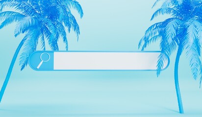 Fototapeta na wymiar Internet search bar with tropical summer palm trees. Holiday search concept. 3D Rendering