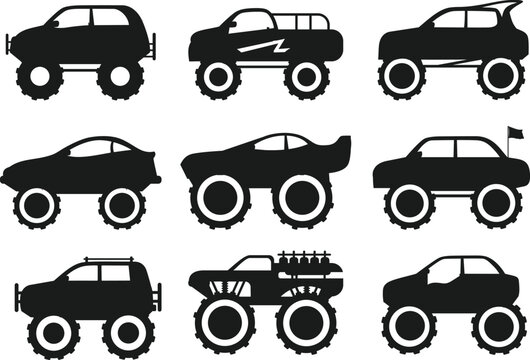 Monster trucks designs side front view off-road race cars isolated Vector Silhouettes